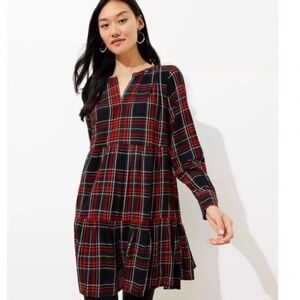 Ann Taylor LOFT Tiered Long Sleeve Plaid Holiday Dress Black and Red M